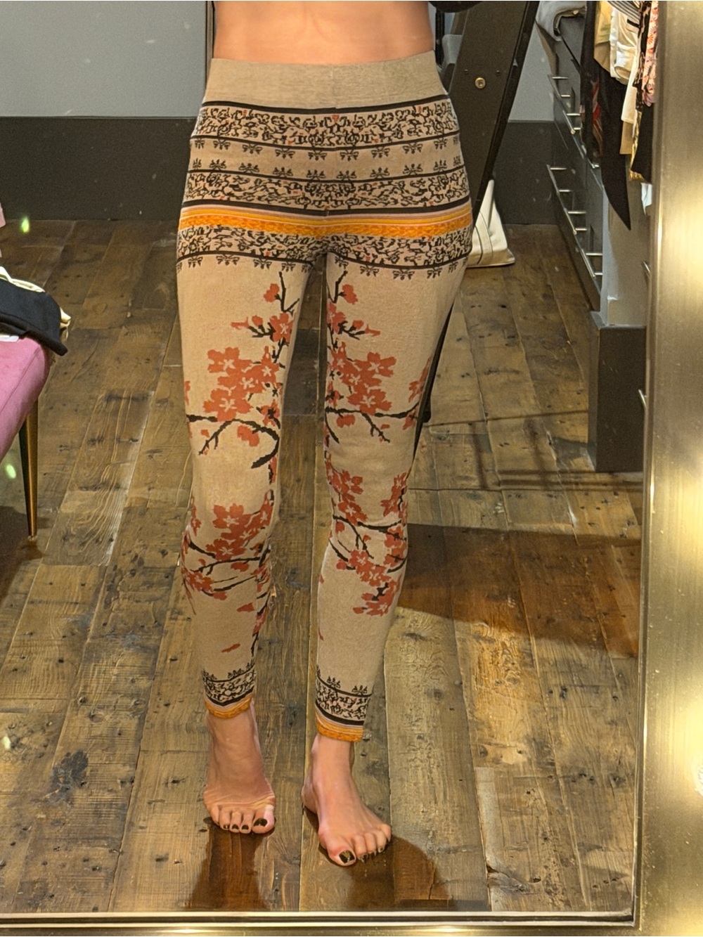 Free People Women's Floral Knit Leggings in Beige with Rust Accents